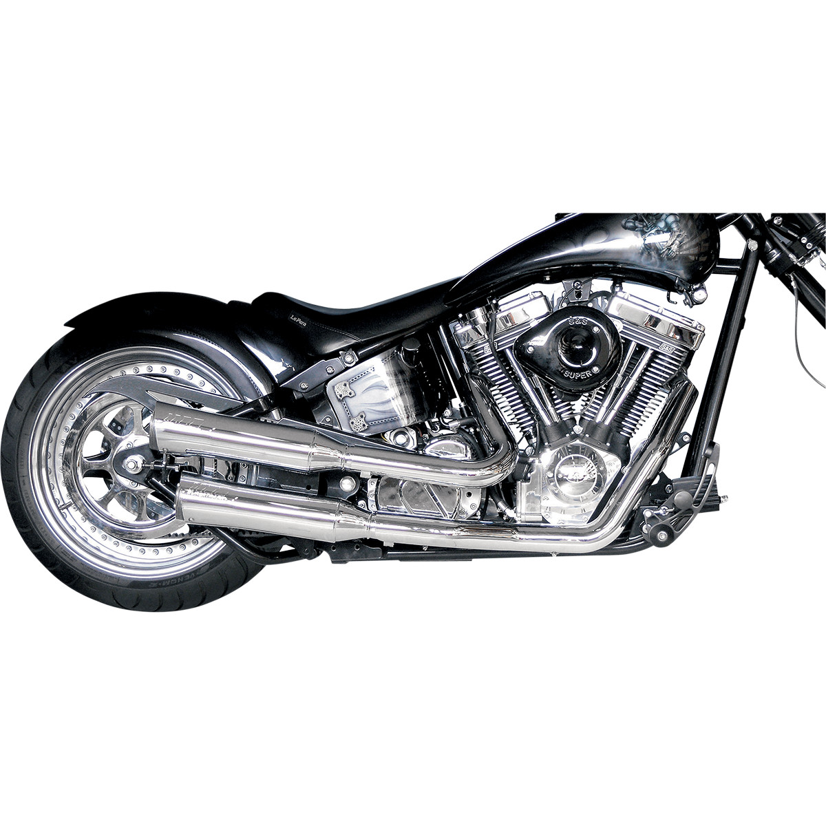 H/D EXHAUST SYSTEM CUSTOM FATSHOTS 2-2 CHROME (330 WIDE TIRE/RIGHT SIDE DRIVE)