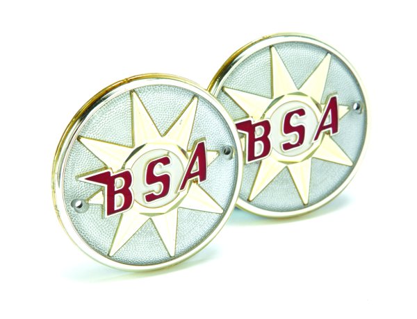 BSA Round plastic tank badges to fit Bantams, early B40 models and exported A65 models. Gold/Silver (PAIR)